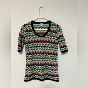 Missoni Multicolor Chevron Pattern Short Sleeve Sheer Knit Top